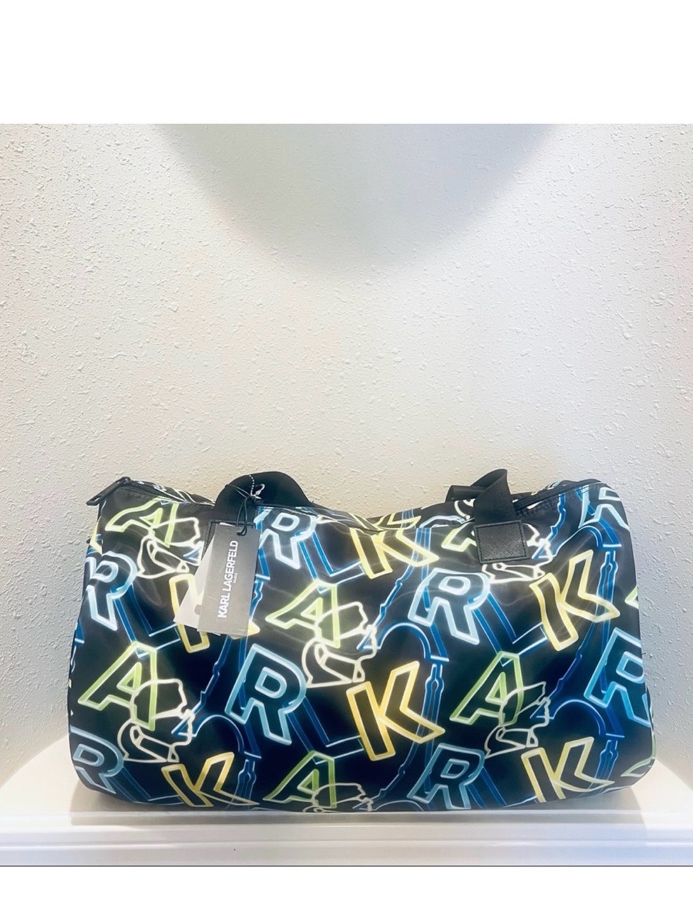 Karl Lagerfeld Paris Large Neon Letters Black Duffle Gym Bag OS NWT